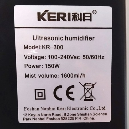 Humidificateur mural Super Grower 1,6 L/h avec étiquette de spécifications