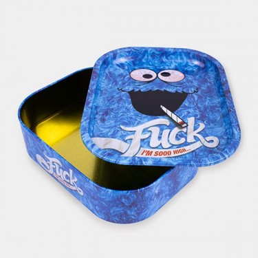 Boîte métallique avec plateau à rouler 'Fuck' ouverte
