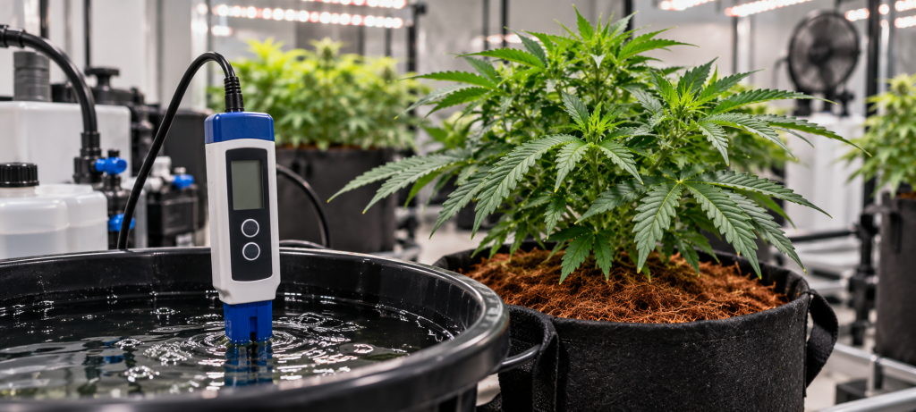 Escena de cultivo con medidor digital de pH/EC introducido en un recipiente con solución nutritiva, con las plantas desenfocadas ligeramente al fondo.
