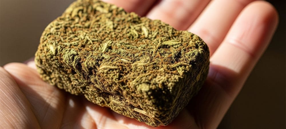 cannabis compressé dans une main