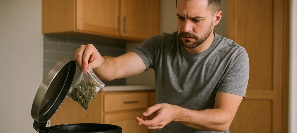 homme jetant du cannabis à la poubelle chez lui