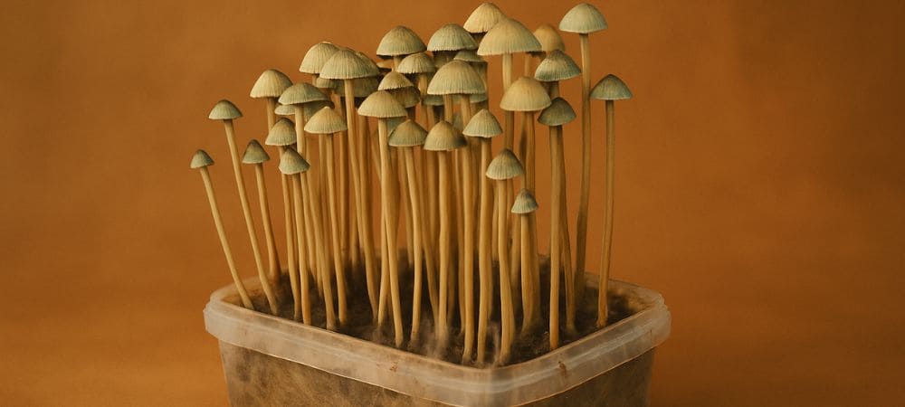 Kit de culture de champignons Copelandia avec des fructifications hautes et fines émergeant du substrat, montrant un développement homogène en environnement contrôlé