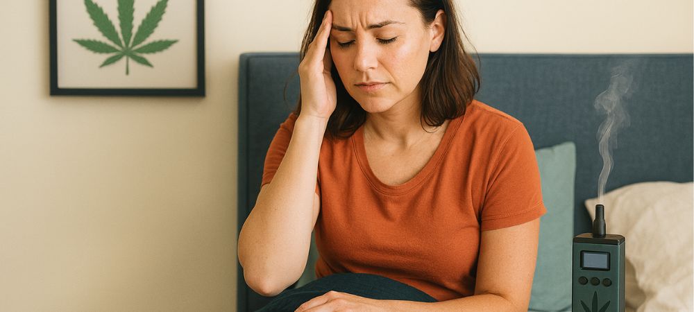 Personne souffrant de migraine, avec un vaporisateur de cannabis allumé