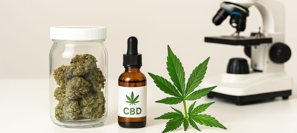 Produits utiles pour soulager la douleur de migraine avec du cannabis, avec une feuille de marijuana devant un microscope