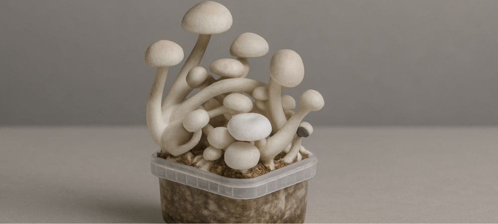 Kit de culture avec des champignons Treasure Coast Albino à différents stades de croissance, illustrant une fructification dense et saine sur substrat mycologique