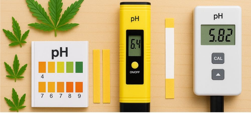 Exemple d’outils permettant de comprendre ce qu’est un ph metre et utilisés pour mesurer le pH dans la culture du cannabis, incluant des mesureurs numériques et des bandelettes réactives à côté de feuilles de cannabis