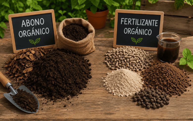 Diferencia entre abono y fertilizante orgánico con distintos formatos sólidos y líquidos sobre mesa de cultivo.