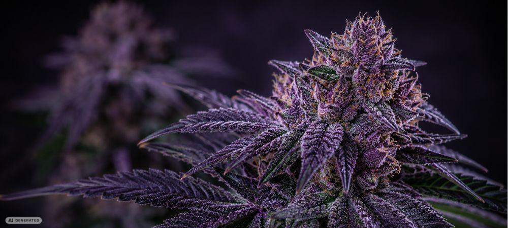 Gros plan d'un bourgeon de Purple Kush entièrement résineux